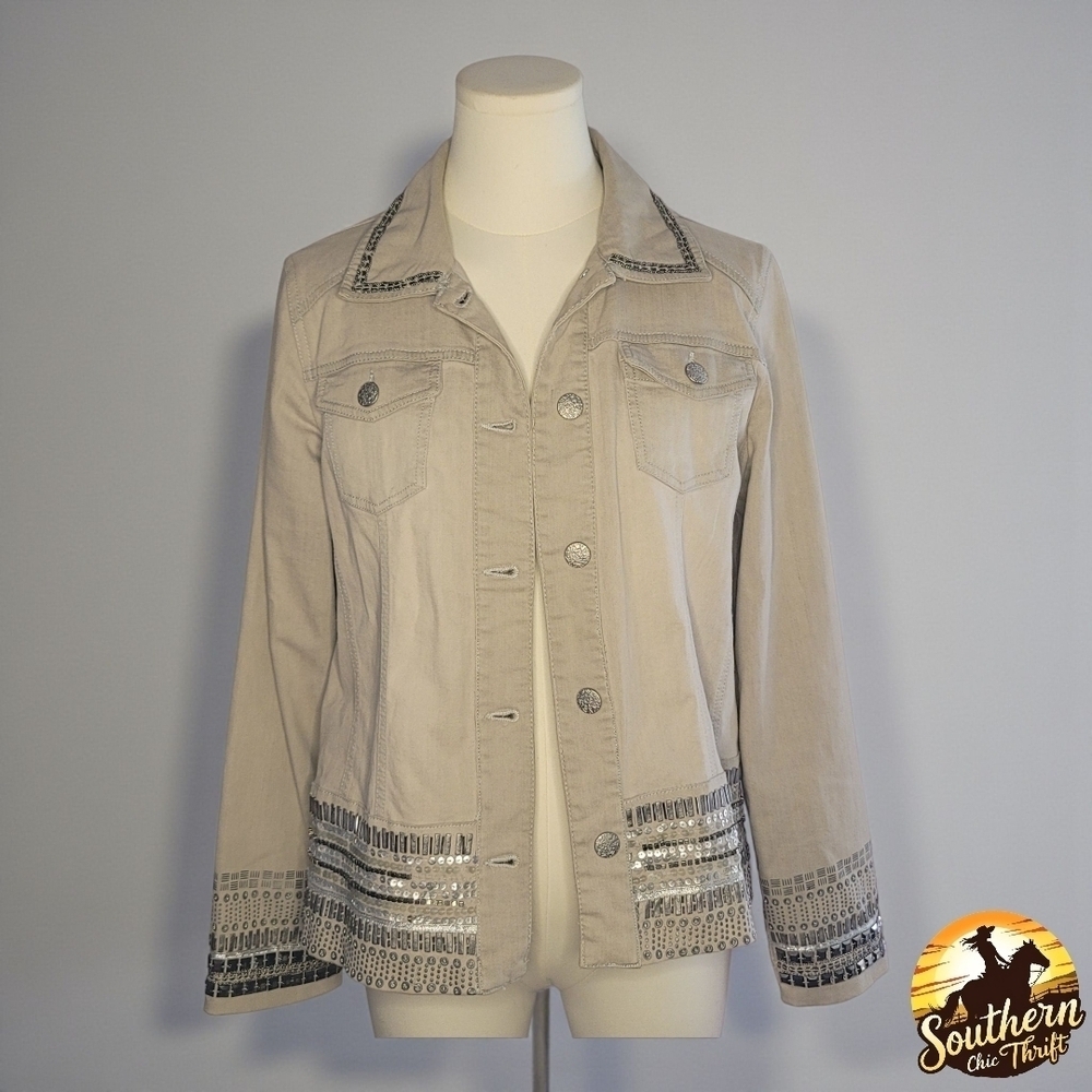 Chico's Beige Jean Jacket with Silver Details